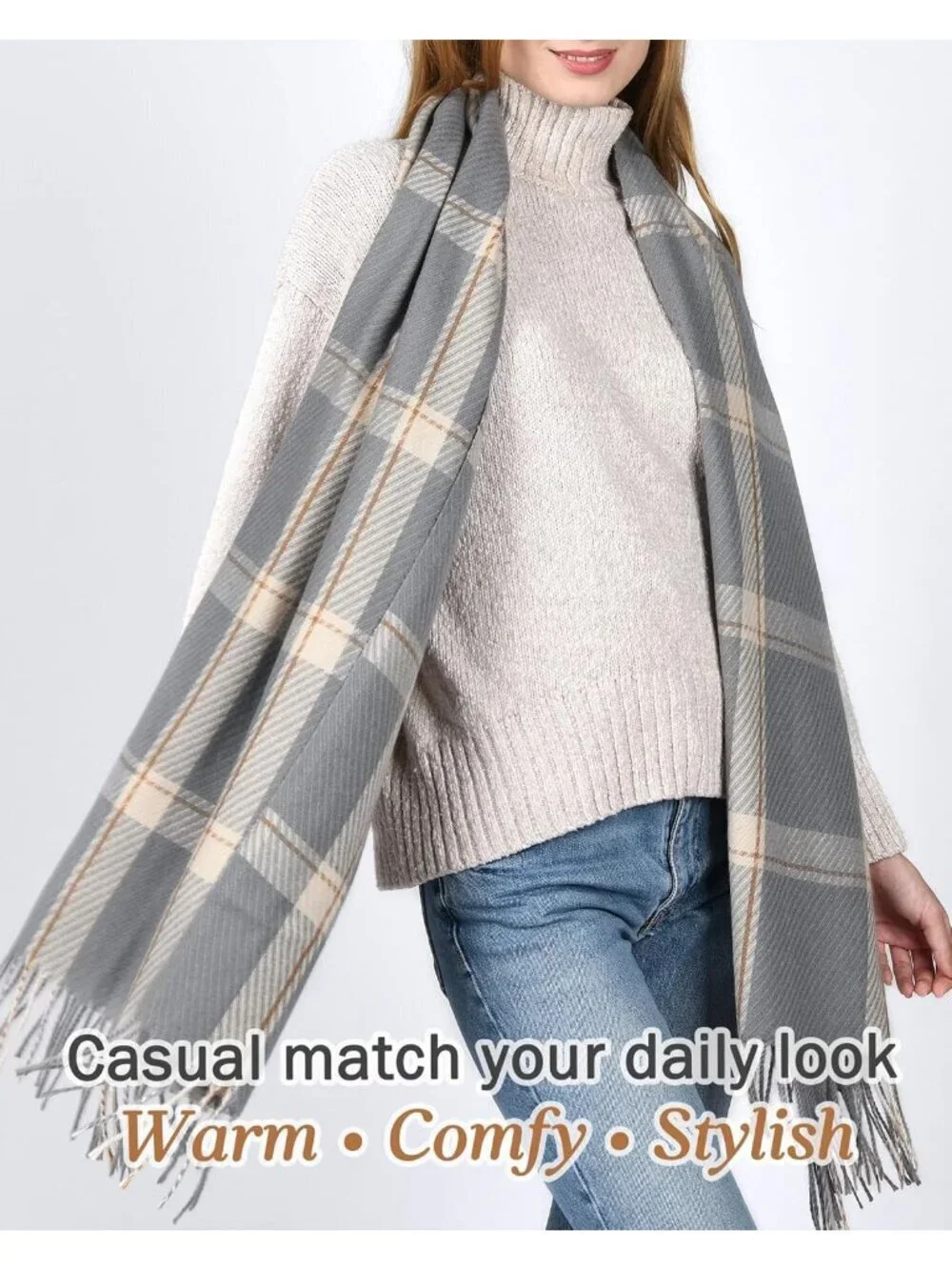 Women's Grey Shawl Soft Tassel Plaid Large Scarves Wraps Neck Scarves